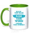 Mug with a colored handle Race the rain ride the wind chase the sunset kelly-green фото