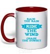 Mug with a colored handle Race the rain ride the wind chase the sunset red фото