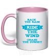 Mug with a colored handle Race the rain ride the wind chase the sunset light-pink фото