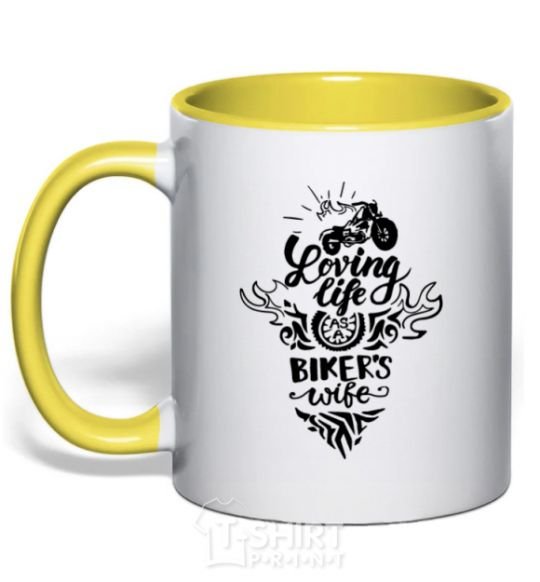Mug with a colored handle Loving life as a bikers wife yellow фото
