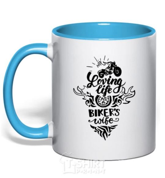 Mug with a colored handle Loving life as a bikers wife sky-blue фото