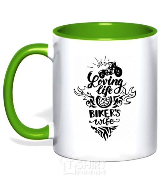 Чашка с цветной ручкой Loving life as a bikers wife Зеленый фото