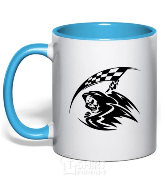 Mug with a colored handle Black death sky-blue фото