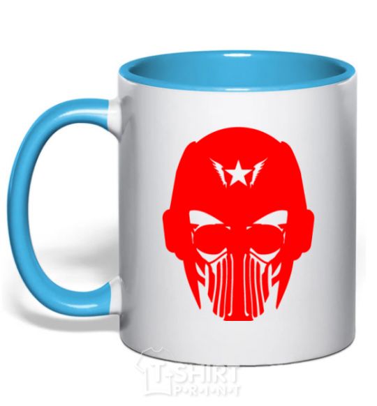 Mug with a colored handle Masker man sky-blue фото