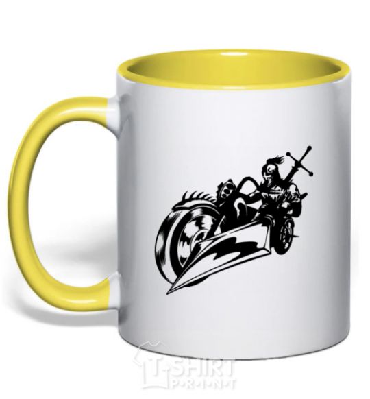 Mug with a colored handle Fantasy rider yellow фото