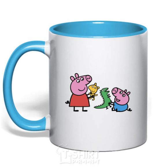 Mug with a colored handle Peppa and George and their toys sky-blue фото