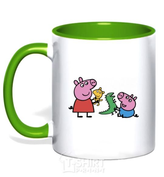Mug with a colored handle Peppa and George and their toys kelly-green фото