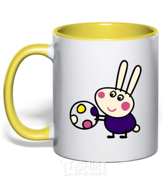 Mug with a colored handle Hare and ball yellow фото