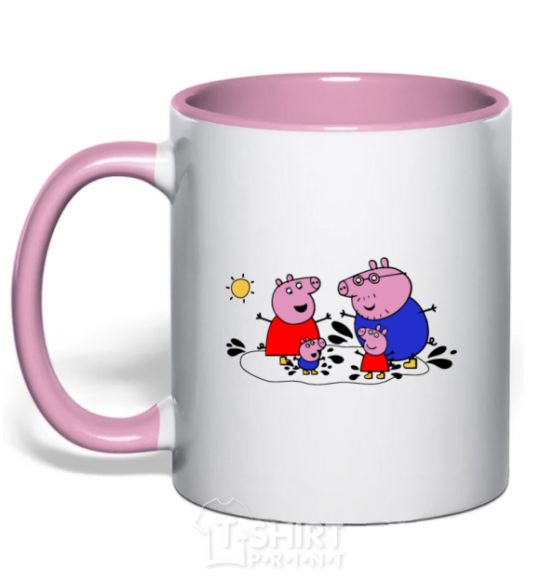 Mug with a colored handle A family in a puddle light-pink фото