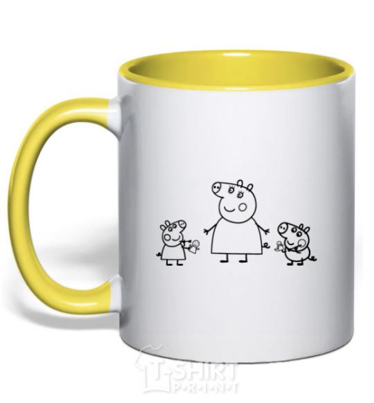 Mug with a colored handle Peppa Pig Mama and George yellow фото