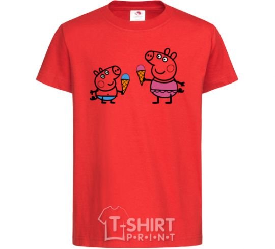 Kids T-shirt Peppa and George with ice cream red фото