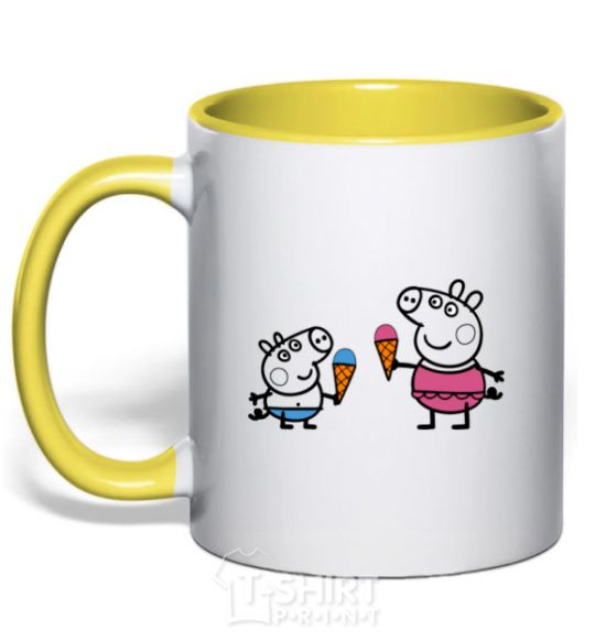 Mug with a colored handle Peppa and George with ice cream yellow фото