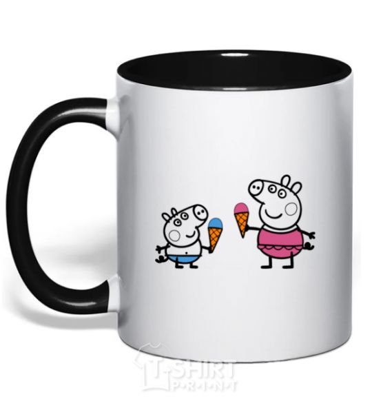 Mug with a colored handle Peppa and George with ice cream black фото