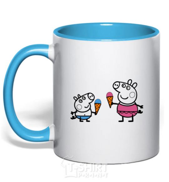 Mug with a colored handle Peppa and George with ice cream sky-blue фото