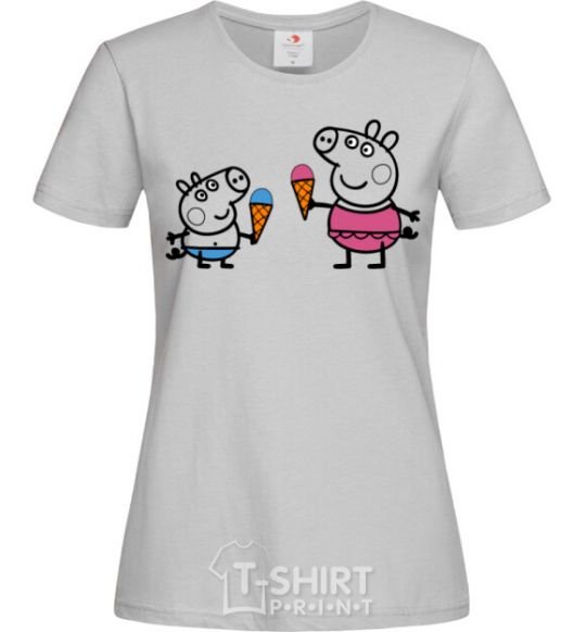 Women's T-shirt Peppa and George with ice cream grey фото