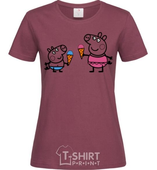 Women's T-shirt Peppa and George with ice cream burgundy фото