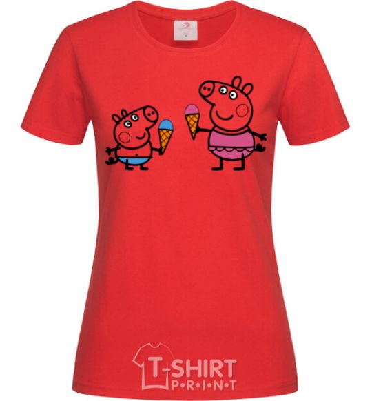 Women's T-shirt Peppa and George with ice cream red фото