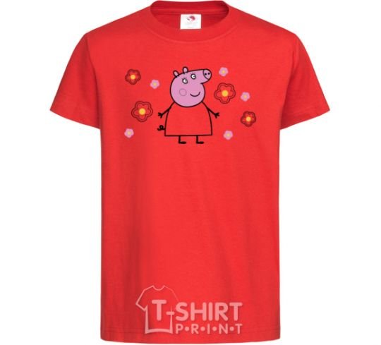 Kids T-shirt Mama Pig in Flowers red фото