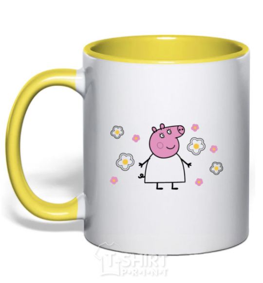 Mug with a colored handle Mama Pig in Flowers yellow фото