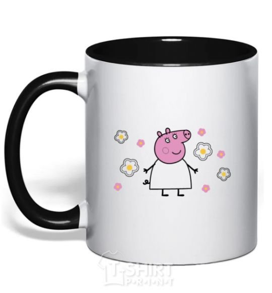 Mug with a colored handle Mama Pig in Flowers black фото