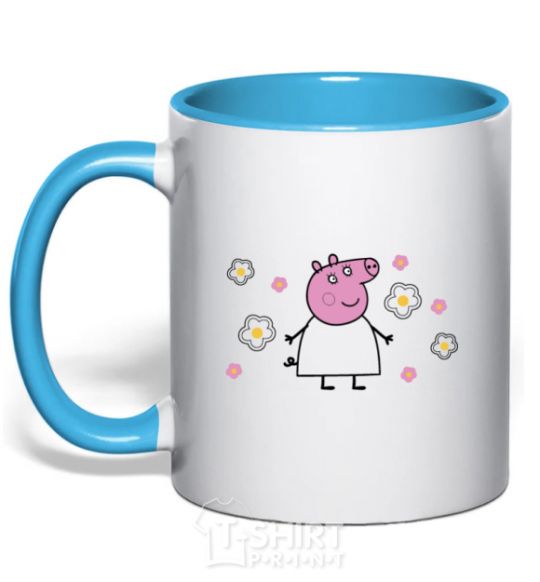 Mug with a colored handle Mama Pig in Flowers sky-blue фото