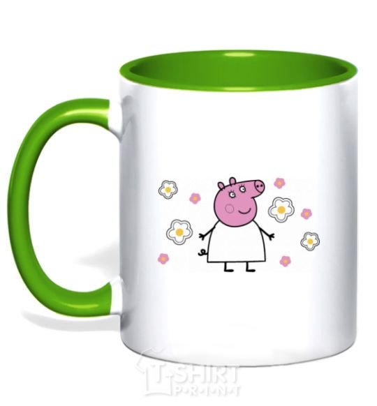 Mug with a colored handle Mama Pig in Flowers kelly-green фото