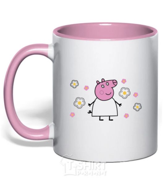 Mug with a colored handle Mama Pig in Flowers light-pink фото