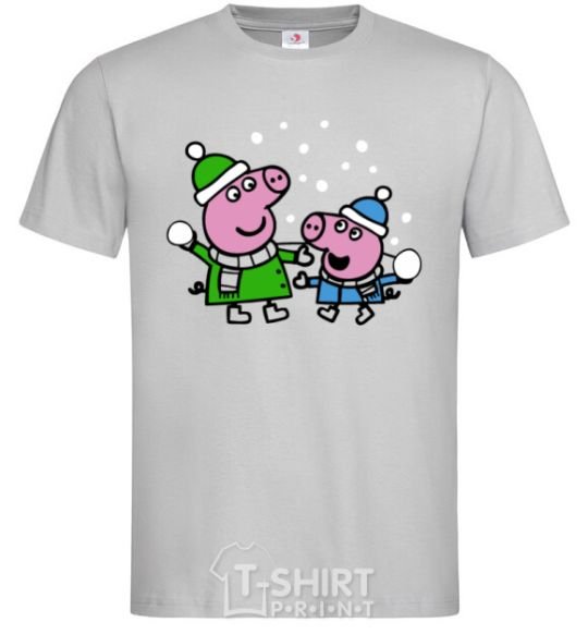 Men's T-Shirt Peppa and George are playing snowballs grey фото