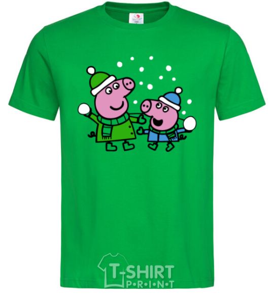 Men's T-Shirt Peppa and George are playing snowballs kelly-green фото