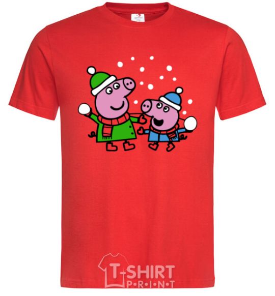 Men's T-Shirt Peppa and George are playing snowballs red фото