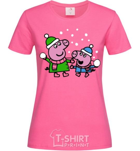 Women's T-shirt Peppa and George are playing snowballs heliconia фото