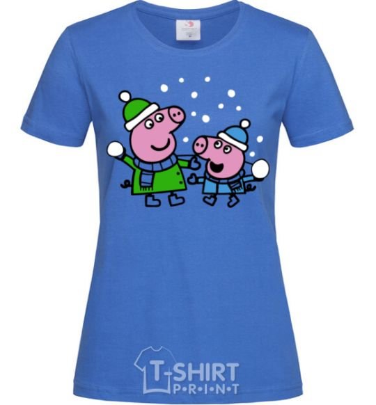 Women's T-shirt Peppa and George are playing snowballs royal-blue фото