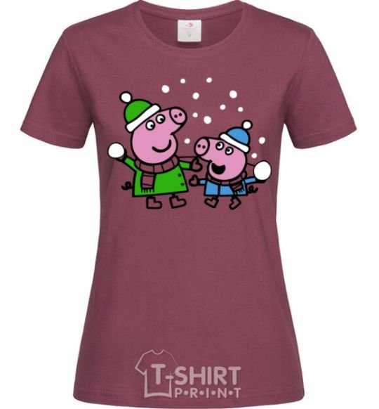 Women's T-shirt Peppa and George are playing snowballs burgundy фото