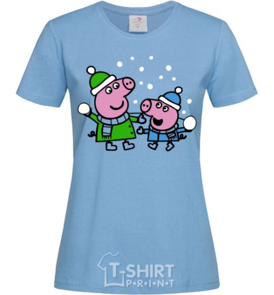 Women's T-shirt Peppa and George are playing snowballs sky-blue фото