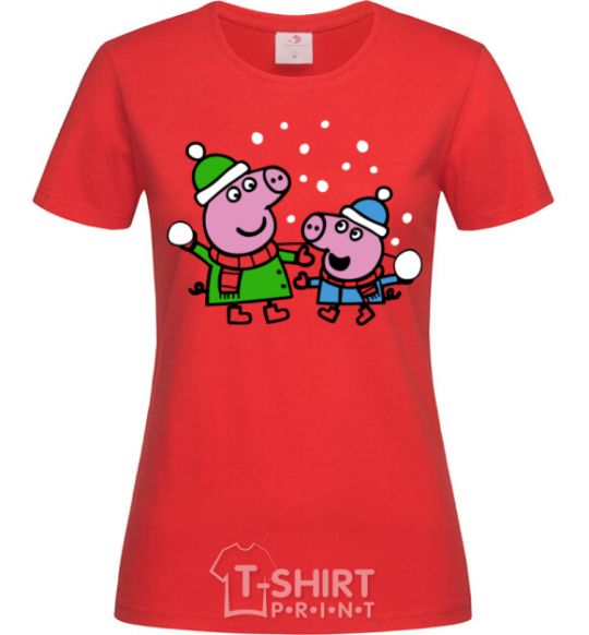 Women's T-shirt Peppa and George are playing snowballs red фото