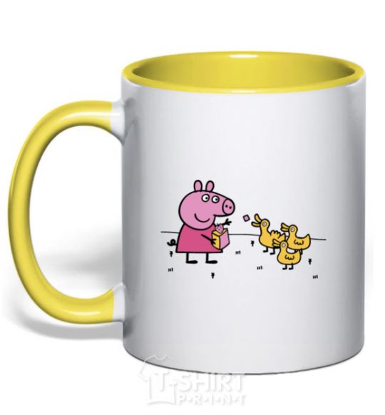 Mug with a colored handle Peppa feeds the ducklings yellow фото