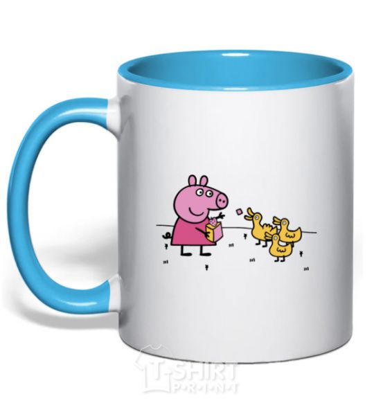 Mug with a colored handle Peppa feeds the ducklings sky-blue фото