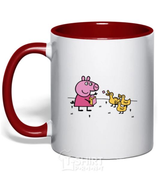 Mug with a colored handle Peppa feeds the ducklings red фото