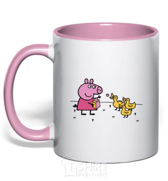 Mug with a colored handle Peppa feeds the ducklings light-pink фото