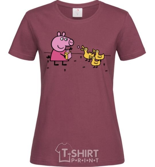 Women's T-shirt Peppa feeds the ducklings burgundy фото