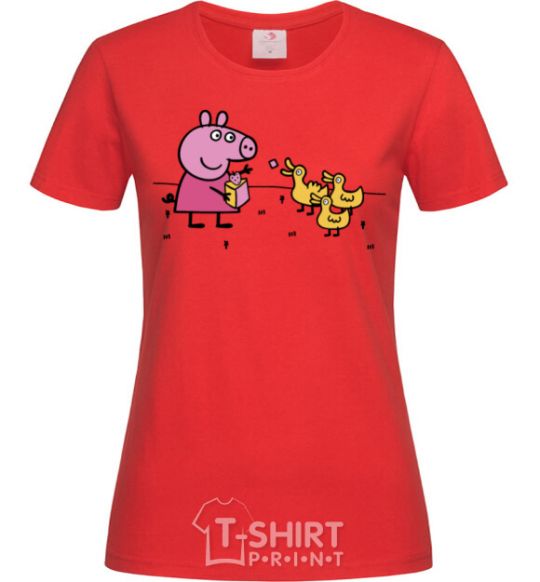 Women's T-shirt Peppa feeds the ducklings red фото