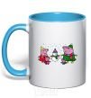 Mug with a colored handle The family made a snowman sky-blue фото