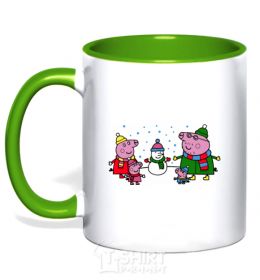 Mug with a colored handle The family made a snowman kelly-green фото