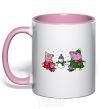 Mug with a colored handle The family made a snowman light-pink фото