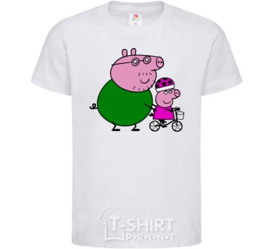 Kids T-shirt Papa Pig teaches how to ride a bike. White фото