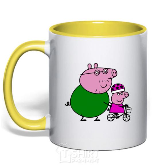 Mug with a colored handle Papa Pig teaches how to ride a bike. yellow фото