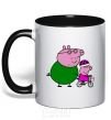 Mug with a colored handle Papa Pig teaches how to ride a bike. black фото