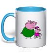 Mug with a colored handle Papa Pig teaches how to ride a bike. sky-blue фото