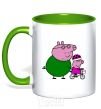 Mug with a colored handle Papa Pig teaches how to ride a bike. kelly-green фото