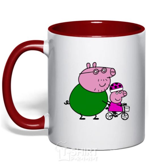 Mug with a colored handle Papa Pig teaches how to ride a bike. red фото